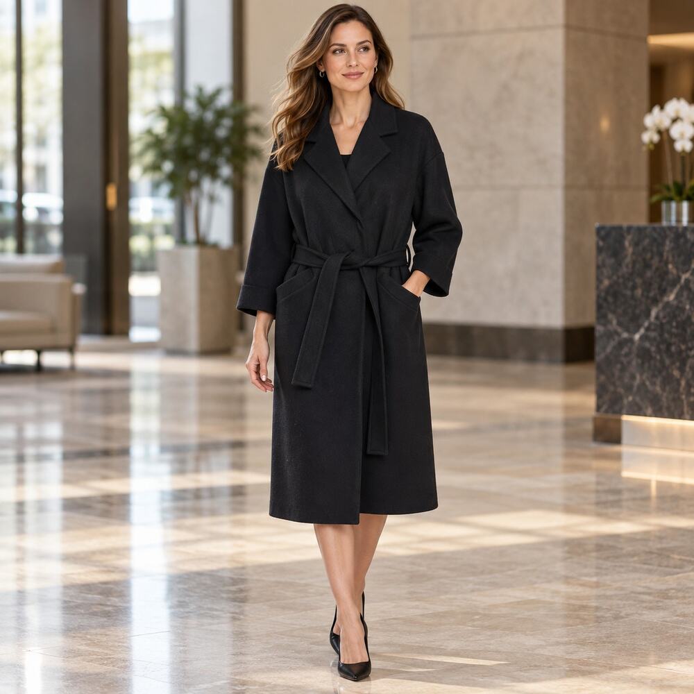 Emerson Fry Black Wool Blend Belted Wrap Coat Size 6